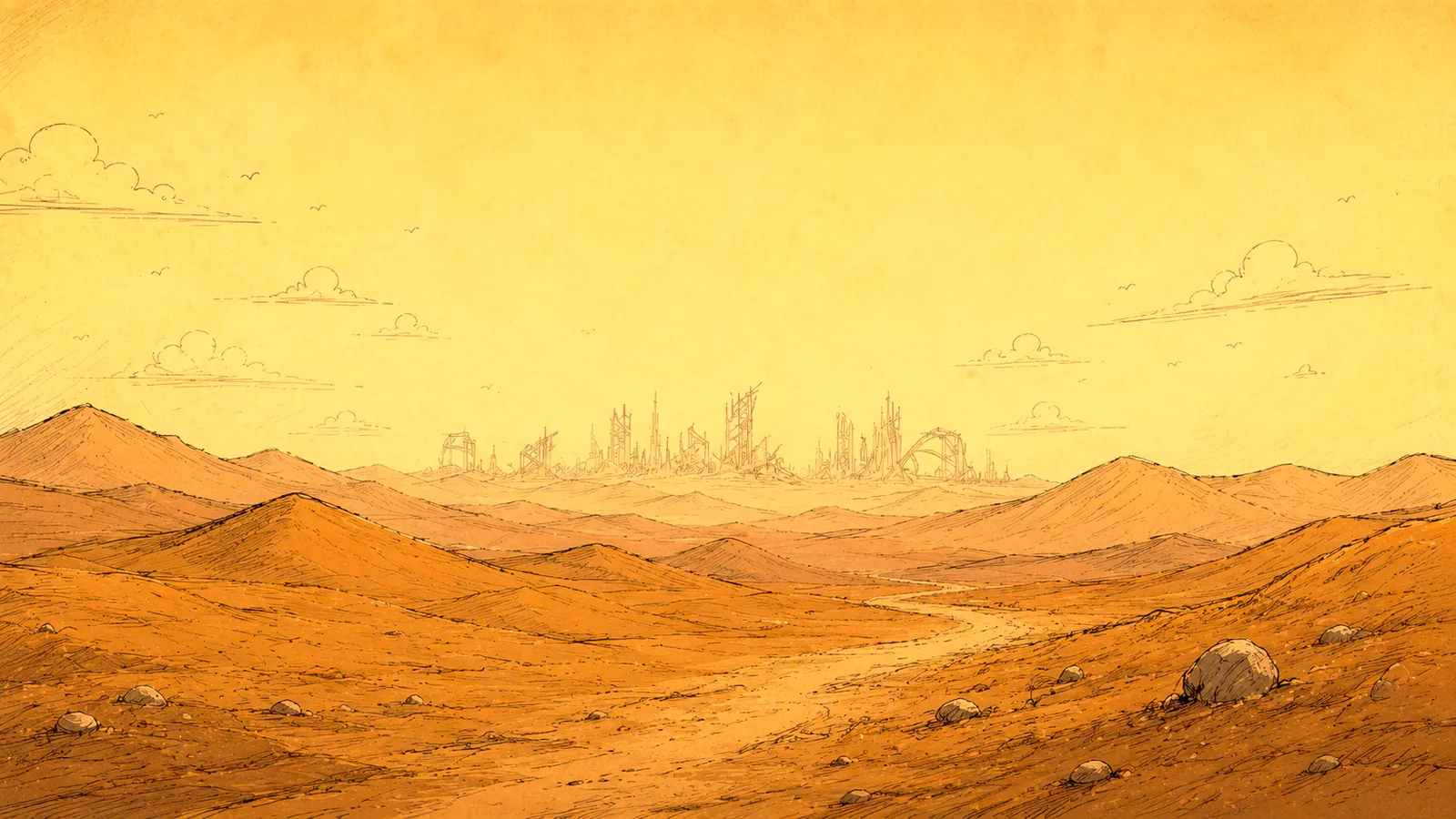 Camino hacia una ciudad en ruinas bajo un cielo amarillo