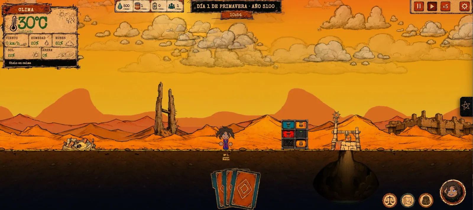 Interfaz de juego con clima, recursos y un personaje junto al asentamiento